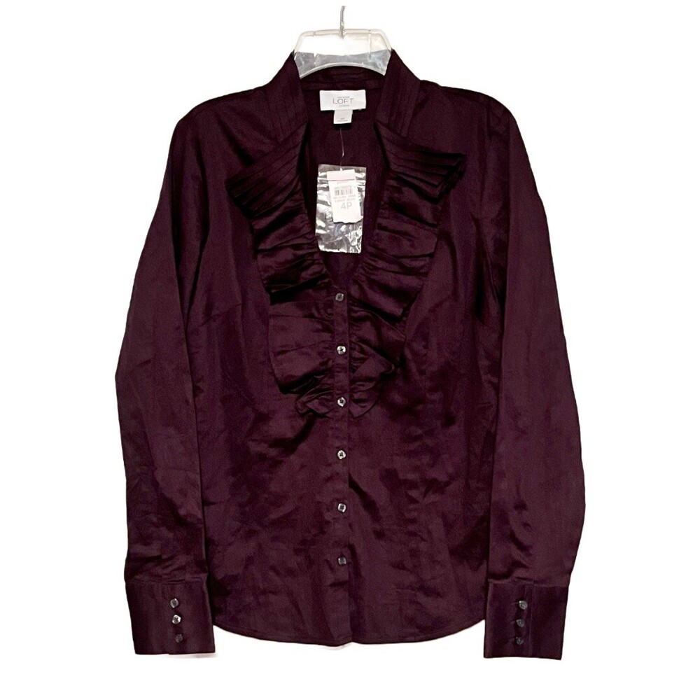 Ann Taylor LOFT Top Womens 4P Brown Button Up Long Sleeve V-Neck New